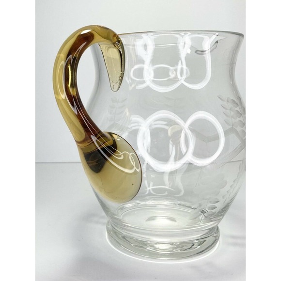 Vintage Etched Amber Glass Handled Pitcher 6 7/8” w/ 5 Matching Glasses 3 3/4” - Picture 7 of 7